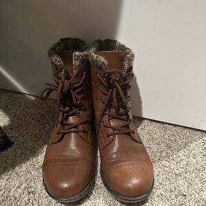 Brown Lace Up Boots with Leather Material and Rounded Toe